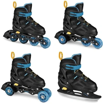 Imagen de SPOKEY QUATTRO Set 4 en 1 patines línea/patines de ruedas, triskates/patines hielo ajustables, para niños y jóvenes, convertibles línea, tallas: 30 33, 34 37, 38 41 (negro/azul,