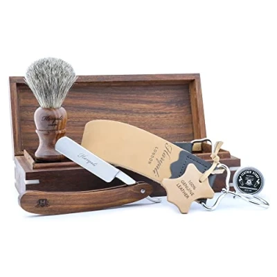 Imagen de Classic Collection Barber Salon Caja de madera Maquinilla afeitar corte recto, brocha pelo tejón negro, cuero Strop, pasta. Kit afeitado 5 piezas