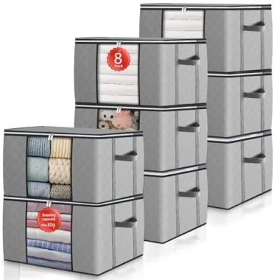 Imagen de GoMaihe 90L Bolsa de almacenamiento 8 unidades, caja con tapa grande asas reforzadas, cajas mudanza para ropa cama, debajo la armario, cajas,
