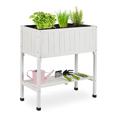 Imagen de Relaxdays Bancal Huerto Urbano Madera de Abeto, Jardinera con Balda, Arriate Balcón y Terraza, 80x74x38 cm, Blanco