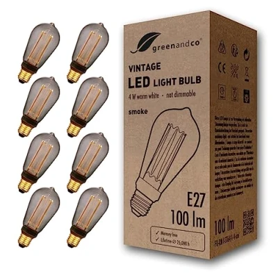 Imagen de greenandco 8x Bombilla LED decorativa estilo vintage E27 ST64 4W 100lm 1800K 320 230V, gris, sin parpadeo, no regulable