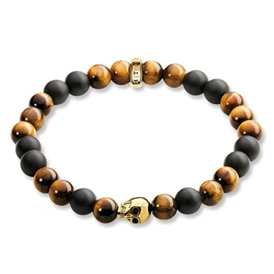 Imagen de THOMAS SABO Pulsera de hombre Rebel at Heart con cabeza muerte, oro chapado en tigre A1509 881, 17, Plata ley, Tiger&#039;s Eye,