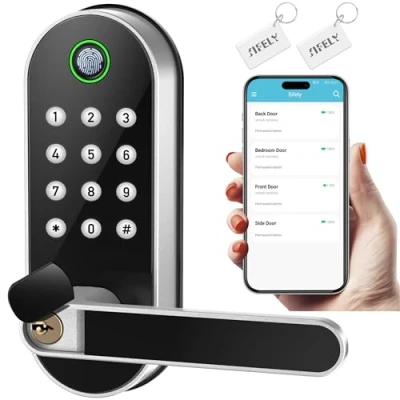 Imagen de cerradura de puerta inteligente con huellas dactilares sin llave: electrónica digital código, perilla eléctrica, manija dactilares,