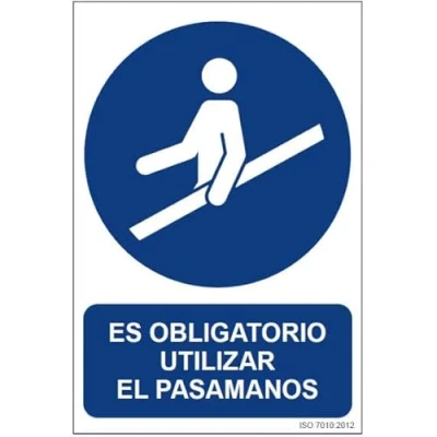 Imagen de Señal que indica Es Obligatorio Utilizar el Pasamanos, con tintas UV SEKURECO skrc