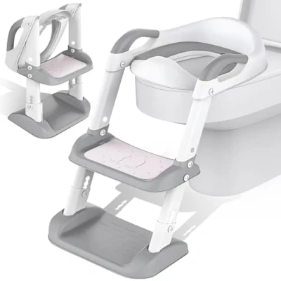 Imagen de NCKIHRKK Adaptador WC Niños con Escalera, Reductor para PU Cojín Acolchado, Antideslizante, Plegable, Portatil Orinal Asiento Inodoro Baño en Forma de V, U y O