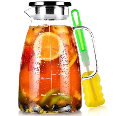 Imagen de Aofmee Jarra Agua, Agua Cristal 2litros, Jarras de Cristal, con Tapa y Línea Escala Precisa, Resistente al Calor para Jugos, Leche, Bebidas Frías o Calientes