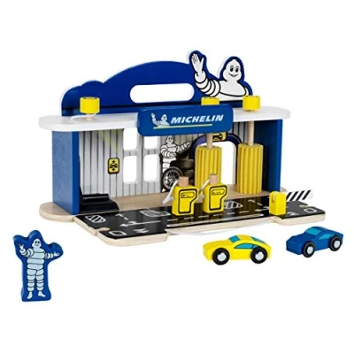 Imagen de Theo Klein 3403 Estación Michelin Service con 2 Coches de Madera I Incluye Plataforma elevadora, surtidor Combustible y Mucho más