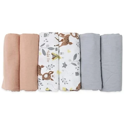 Imagen de FENSILO Toallitas de muletón, paquete 6 pañales franela 100% algodón, 80 x cm, paños para bebés, eructos unisex, niños o niñas, color rosa animal, gris