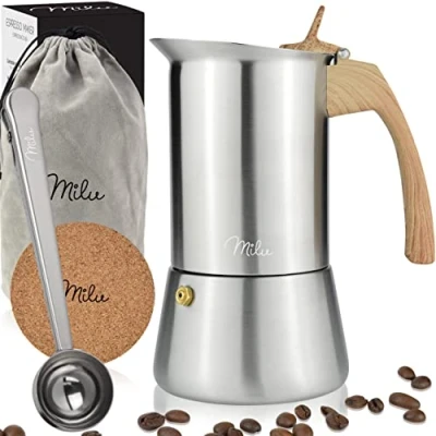 Imagen de Milu Cafetera Italiana (2 tazas sin inducción) 2 4 6 9 Moka de Acero Inox Expresso Maker Set comprensivo di sottobicchiere, cucchiaio, spazzola (Asa: Aspecto madera, (300ml))