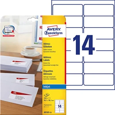 Imagen de Avery Zweckform J8163 25 Folio con etiquetas de dirección para sobres (99,1 x 38,1 mm, unidades)
