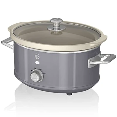 Imagen de Swan Retro SF17021GRNEU Olla Cocción Lenta 3,5L Recipiente Extraíble, Antiadherente Cerámica libre PFOA y PTFE, 3 Niveles Temperatura, Tapa Vidrio, Slow Cooker, Diseño Vintage, Gris, 200W