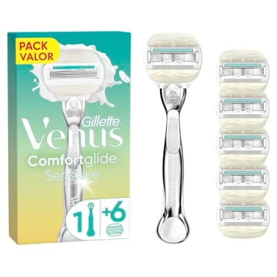 Imagen de Venus Gillette Comfortglide 5 Sensitive Maquinilla de Depilación Para Mujer, 1 Mango Metal y 6 Cuchillas Recambio, Suave, Bandas Lubricantes con Aloe