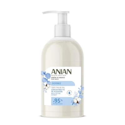 Imagen de ANIAN Jabón de Manos Dermo, 500 ml, para Todo Tipo Piel, con Flor Algodón y Glicerina, Limpia e Hidrata, Cuidado Delicado, + 95% Ingredientes Origen Natural
