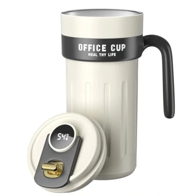 Imagen de Homealexa Smart Coffee Tazas de viaje 650 ml, taza aislante al vacío acero inoxidable, indicador temperatura con pantalla táctil LED (blanco y negro)