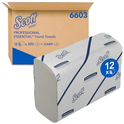 Imagen de Scott Essential Toallas secamanos 6603: papel plegado, 12 paquetes x 220 unidades de blanco (2640 en total)