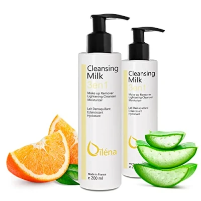 Imagen de Leche Facial, Desmaquillante, con Vitamina E y Aloe Vera, 3en1, Limpiador de Poros, Antimanchas, Hidratante, Waterproof, Contorno Ojos, Corrector Ojeras, Elimina las manchas, 2 x 200 ml
