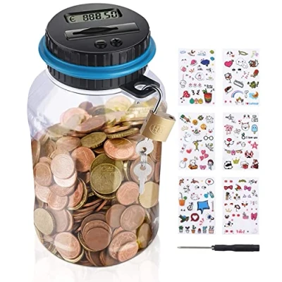 Imagen de Birshe Hucha Contadora de Monedas 1.8L Digital para per EUR Huchas Electronicas Niños y Adultos, Banco Dinero Seguro Moneda Ahorro Contenedores Pantalla LCD