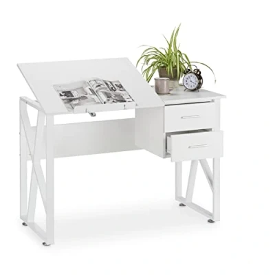 Imagen de Relaxdays reclinable, Mesa Ajustable, Escritorio de Dibujo, 75x110x55 cm, Blanco, Aglomerado, Hierro, 75 x 110 55 cm