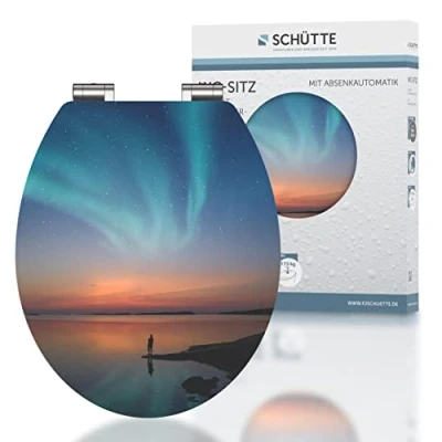 Imagen de Schütte POLAR LIGHTS Asiento de inodoro con descenso automático madera, alto brillo tapa inodoro, diseño, carga máxima 175 kg, multicolor