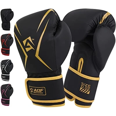 Imagen de AQF Guantes Boxeo Niño, Cuero Saco De Boxeo, Guantillas MMA Kick Boxing, Muay Thai, UFC con Capa Extra Acolchado Hombre Mujer 4 6 8 10 12 14 16 Oz (16 oz, Oro)