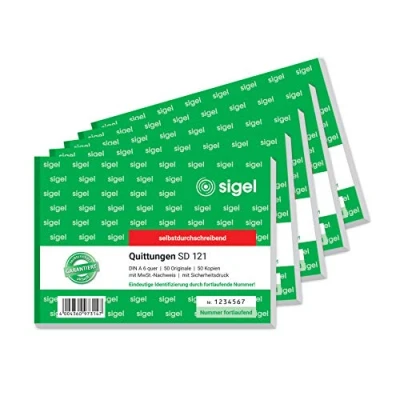 Imagen de SIGEL SD121/5 Bloc de recibos numerado consecutivo, número único 7 dígitos, A6 horizontal, 5 unidades, 2 x 50 hojas, papel sostenible