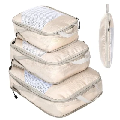 Imagen de Organizador Maleta Compression Packing Cubes Organizadores Maletas de Viaje Expandibles Equipaje Impermeable Cubos Embalaje, Beige 3 Piezas