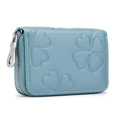 Imagen de AprinCtempsD RFID Cartera Tarjeteros Mini Mujer Cuero Genuino Monedero Pequeñas Piel Portatarjetas con Cremallera (Azul Claro)