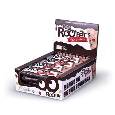 Imagen de Roobar Barra de Almendras Rica en Proteínas Cubierta Chocolate vegana 100% orgánica. sin lácteos ni gluten, azúcar refinado añadido, 16 barras 40 g