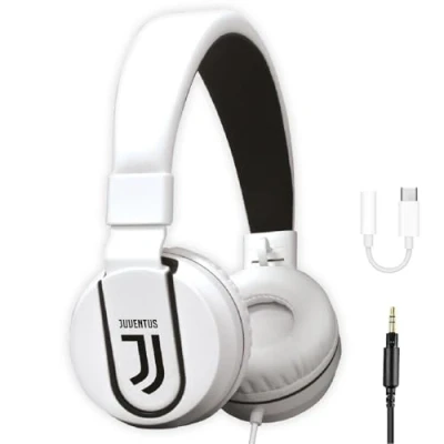 Imagen de TECHMADE Juventus Football Auriculares con micrófono Incluido ON Ear Cable AUX Blanco/Negro Adaptador USB C