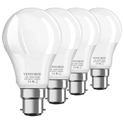 Imagen de Venforze bombillas de bayoneta 150 W, Equivalentes a blanco cálido 2700 K, no regulables, paquete 4