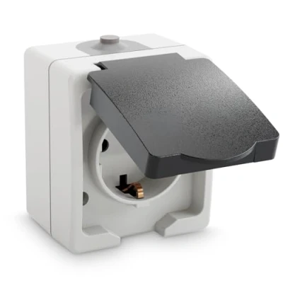 Imagen de ABSINA Toma de corriente superficie con contacto puesta a tierra para emplazamientos húmedos 1 gancho tapa abatible IP44, 250V, 16A, 2 polos