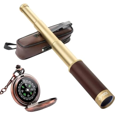 Imagen de Laupha Retro Piratas Telescopio Zoom, 25 x 30, Binoculares Portátil, Plegable, de Mano Vintage Monocular para Niños y Colección Clásica, Brújula Camping Caza Navegación