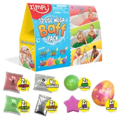 Imagen de Zimpli Kids, paquete de 12 usos Mega Baff 6 bombas baño, 2 Gelli baff, babas limo y juego regalo baño sensorial para niños, cumpleaños niños