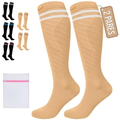 Imagen de 360 Relief Medias de Compresión Clase 1 Mujer y Hombre 15 20mmHg Calcetines Compresion para Circulacion, Avion, Viaje, Enfermera, Running, Deportes Compresivas S/M Beis con Bolsa Malla