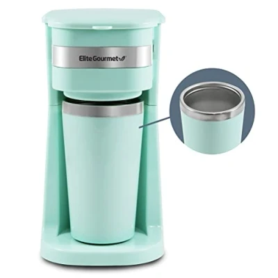 Imagen de Elite Gourmet EHC113M Personal Cafetera compacta individual monodosis, incluye taza de viaje térmica interior acero inoxidable, compatible con café molido, filtro reutilizable, menta, 414 ml