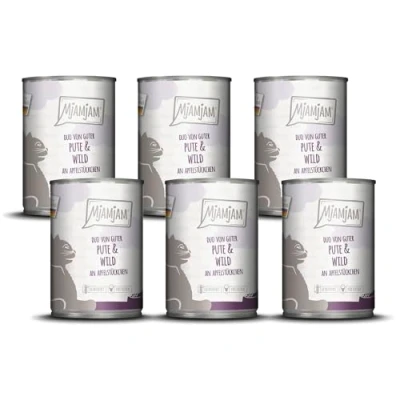 Imagen de MjAMjAM Comida húmeda Premium para Gatos Duo de Buen Pavo y Caza con trozos Manzana, Pack 6 (6 x 400g), sin Cereales Extra Carne