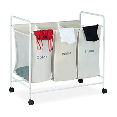 Imagen de Relaxdays Separador de la colada, Tres compartimentos, Con ruedas, 100L, 76 x 80 46 cm, 1 Ud., Beige