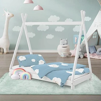 Imagen de ML Design Cama Infantil Tipi Indio 70x140 cm con Somier Estructura Listones de Madera Pino Maciza Color Blanco Forma Casa Mobiliario Juego Marco Tienda Campaña para Niños