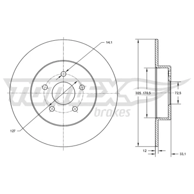 Imagen de TOMEX brakes TX 73 78 Disco de freno Eje trasero 305 12 5 127 macizo barnizado DODGE: Journey MPV, FIAT: Freemont, CHRYSLER: GRAND 5OYAGER