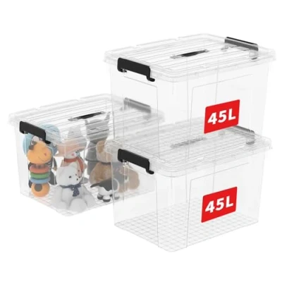 Imagen de Cetomo 45L*3 Caja de almacenamiento plástico, Tote box, Contenedor organizador con tapa duradera y hebillas cierre seguras, apilable encajable, paquete 3, transparente hebilla negra