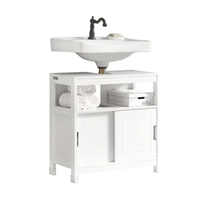 Imagen de SoBuy Mueble para Debajo del Lavabo Armario de Baño Suelo con 1 Estante y 2 Puertas Correderas Blanco 60 x 30 cm FRG128 W ES