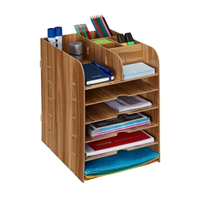 Imagen de Relaxdays Organizador Escritorio con Bandejas de Documentos, 12 Compartimentos, 34,5 x 25 32 cm, MDF, Marrón Oscuro, Tablero Fibras
