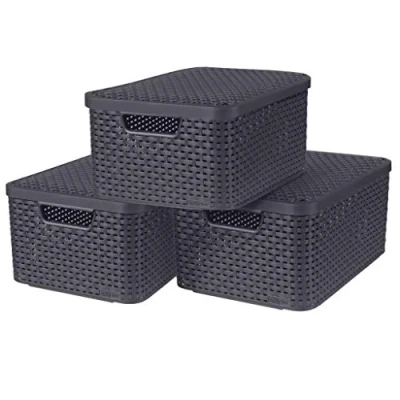 Imagen de Curver Style Set de 3 Cestas con Tapa, Tamaño M, 18 L, Color Antracita