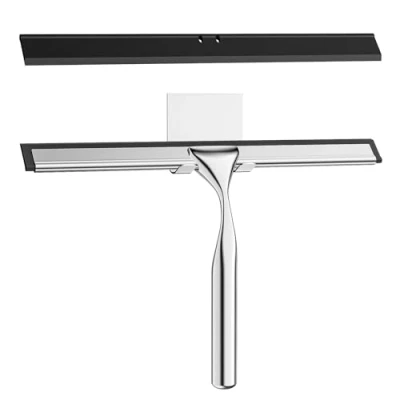 Imagen de Radikor Rasqueta limpiacristales para Ducha, 25.5cm Escobilla de Ducha Acero Inoxidable, Baño, Azulejos, Espejos, Ventanas, con 1 Gancho y Hoja Silicona Repuesto Plateado
