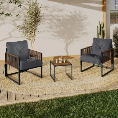 Imagen de Conjunto de muebles jardín RIO mesa metal gris y 2 sillones, cuerdas ratán oscuro cojines grises