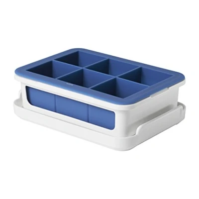 Imagen de OXO Bandeja para cubitos de hielo Good Grips a prueba fugas con tapa grandes, silicona, color blanco/azul oscuro