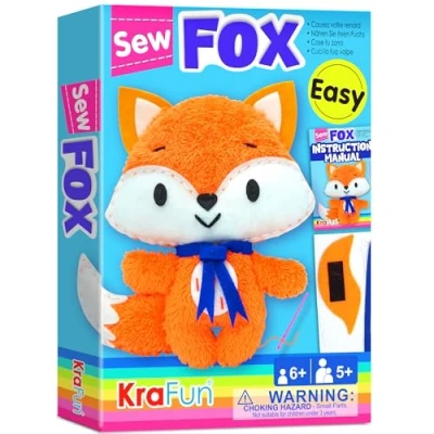 Imagen de KRAFUN Kit de costura animales zorro para niños principiantes, incluye peluche zorro, instrucciones y materiales fieltro felpa aprender a coser, bordar