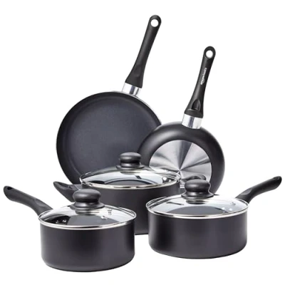 Imagen de Amazon Basics Juego de utensilios cocina antiadherentes, 8 Unidads (5 ollas + 3 tapas), Negro