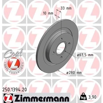 Imagen de ZIMMERMANN COAT Z 250.1394.20 Disco de freno 280 10 4/4 4 108 macizo revestido FORD: Focus Mk1 Hatchback, Familiar