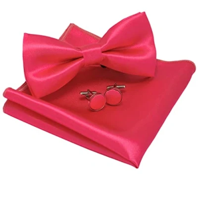 Imagen de JEMYGINS Conjunto de Pajarita y Pañuelo Sólido con Gemelos para Hombre Rosa